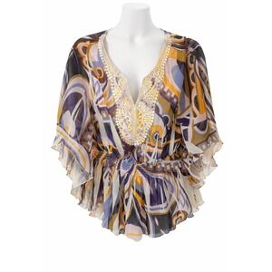 Whimsical Artsy Boho Chiffon Blouse Abstract Print Crochet Trim Top S